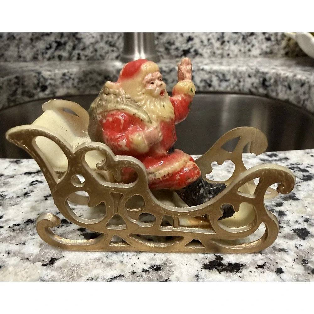 Vintage Plastic Santa Claus Sleigh Christmas Ornament Decor Hong Kong